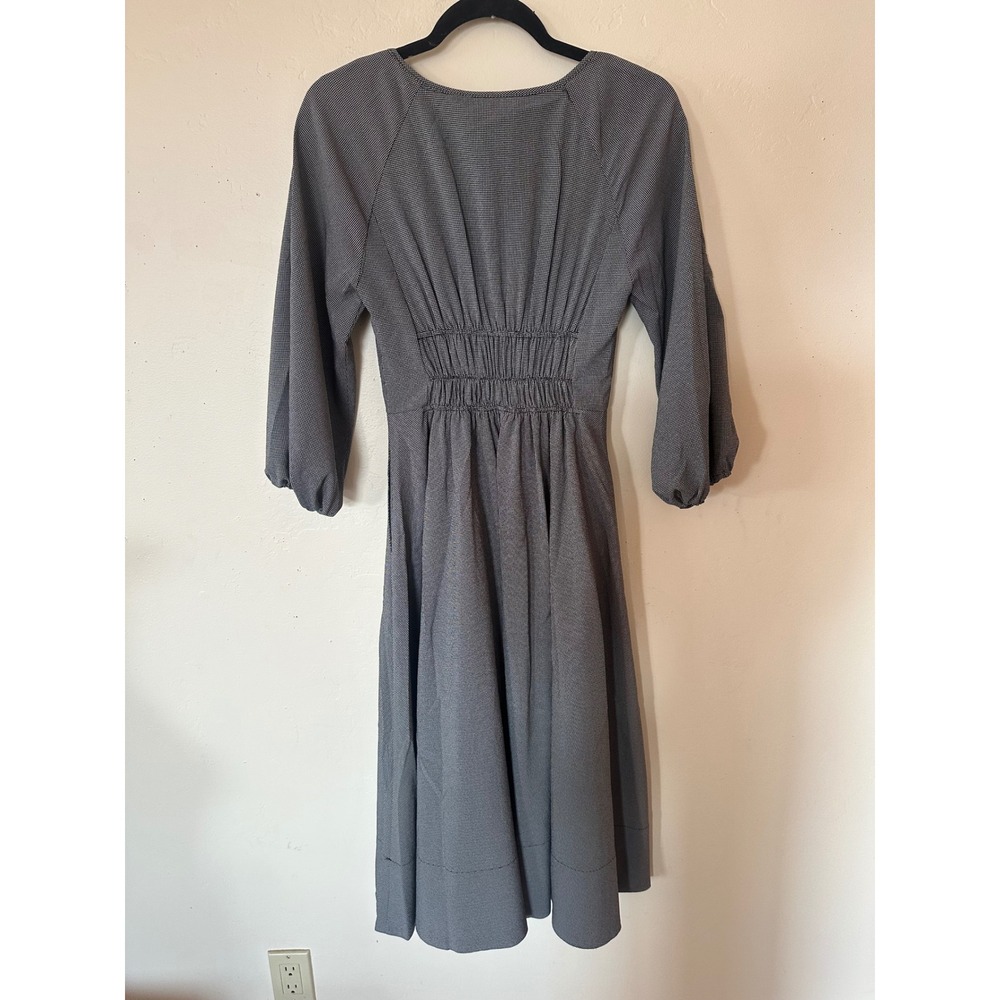 J.ING Women Black White Micro Check Smocked Waist Midi Dress Puff Sleeve XS NWT - Picture 8 of 10